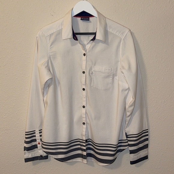 Columbia White Pocket Blouse Blue Stripes Sz. L - Picture 1 of 17